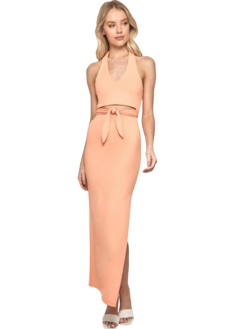 Stretch Bodycon Set with Halter Top and Maxi Skirt - Apricot - Size 8 Stretch Bodycon Set with Halter Top and Maxi Skirt - Apricot - Size 8