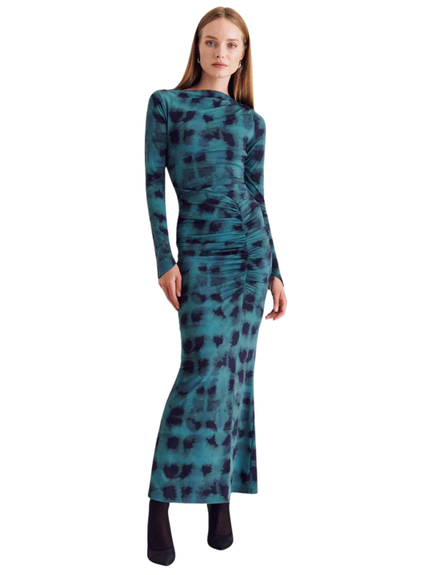 Shibori Long Sleeve Ruched Maxi Dress - Green