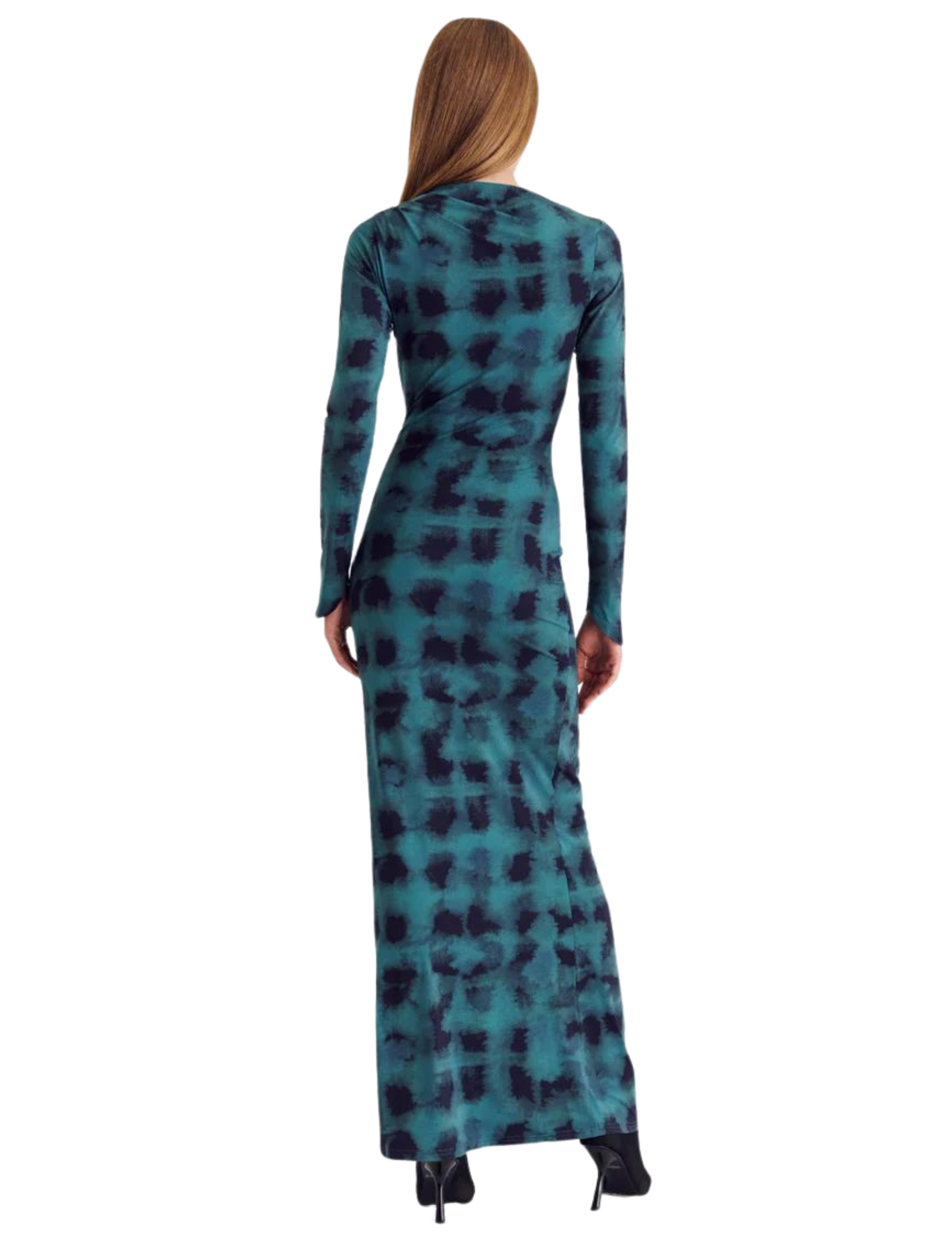 Shibori Long Sleeve Ruched Maxi Dress - Green