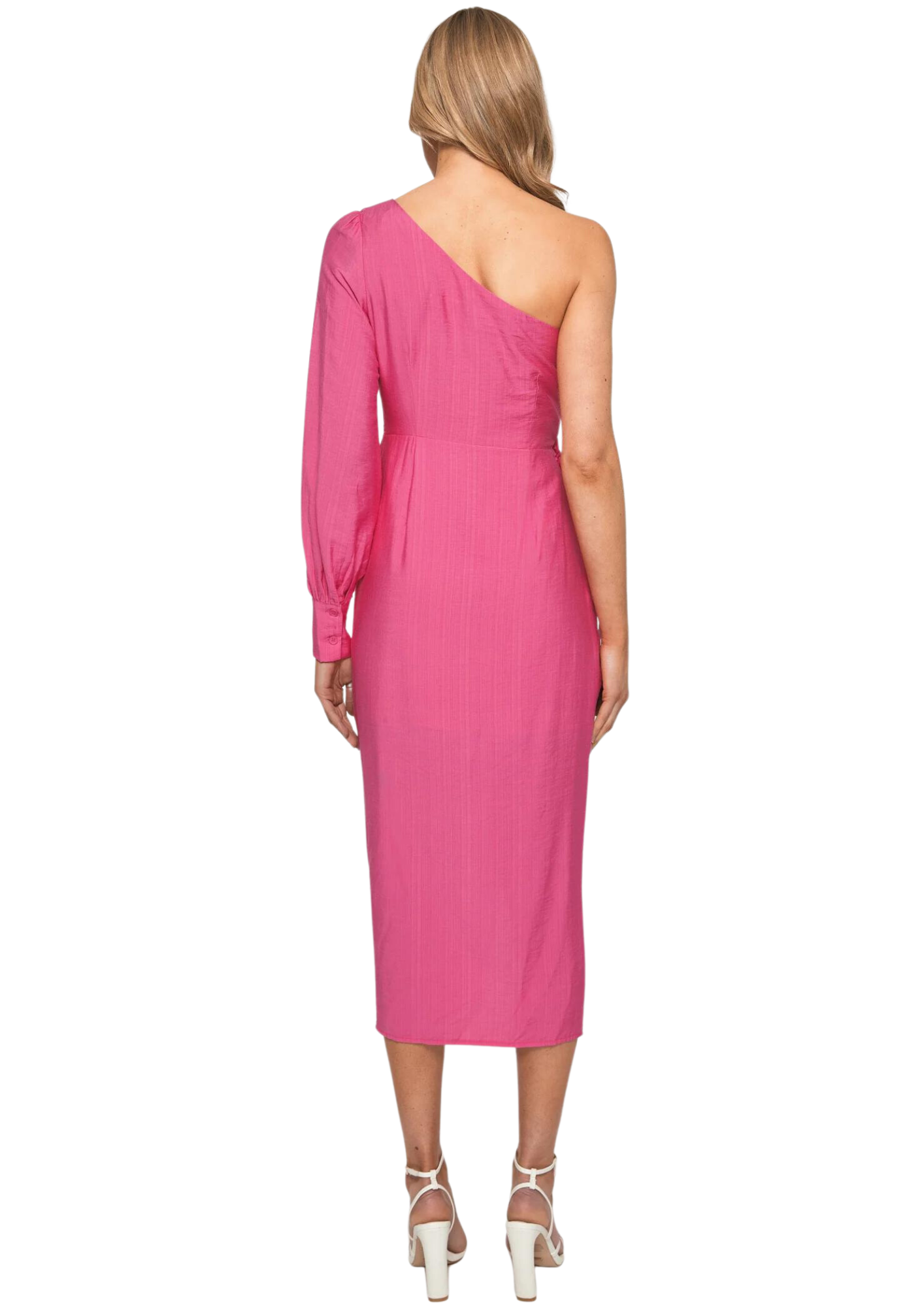 Textured One Sleeve Dress with Tie Skirt Detail - Pink