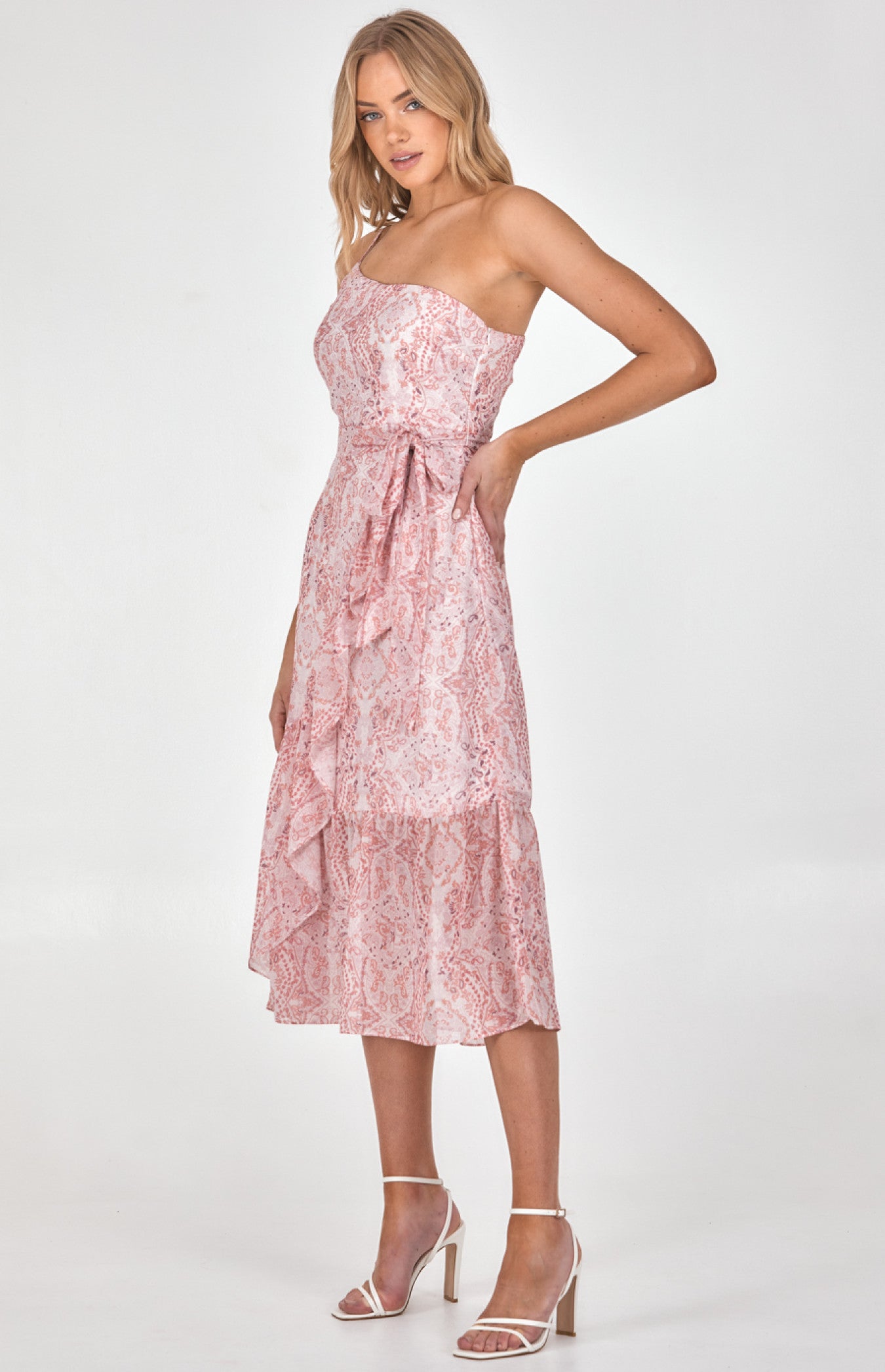Printed Chiffon One Shoulder Dress with Frill Detail Hem - Printed