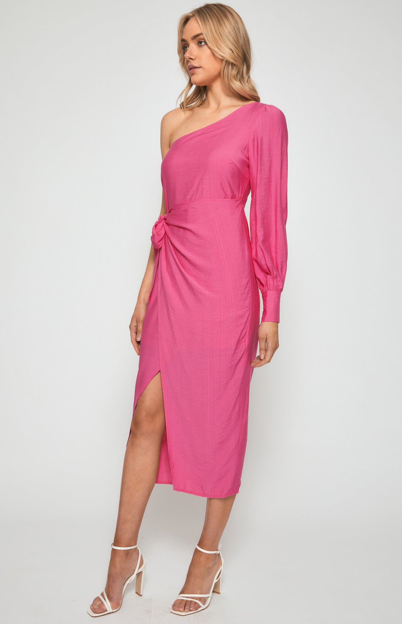 Textured One Sleeve Dress with Tie Skirt Detail - Pink